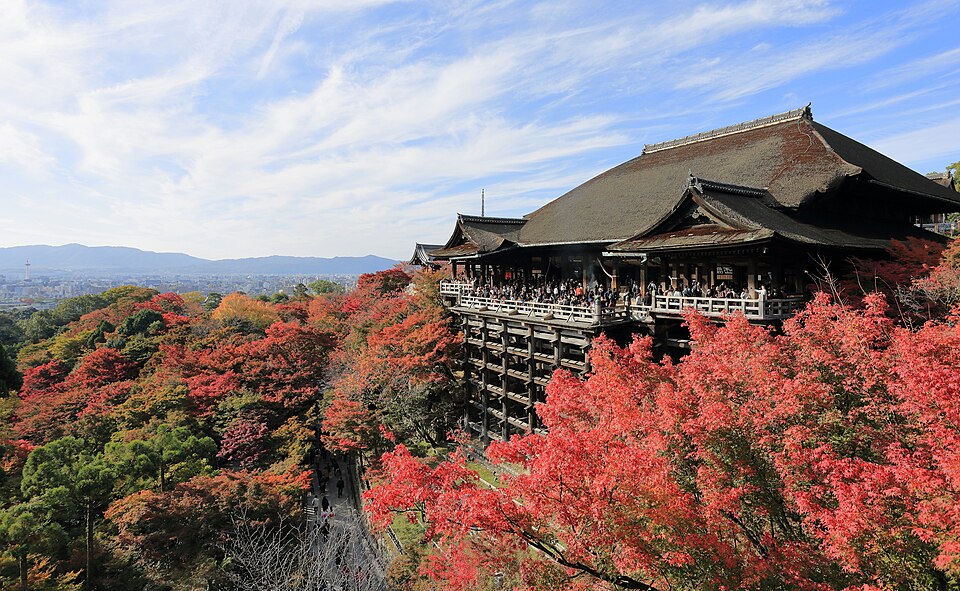 Kiyomizu-dera wooden stage extending over the hillside with Kyoto city views